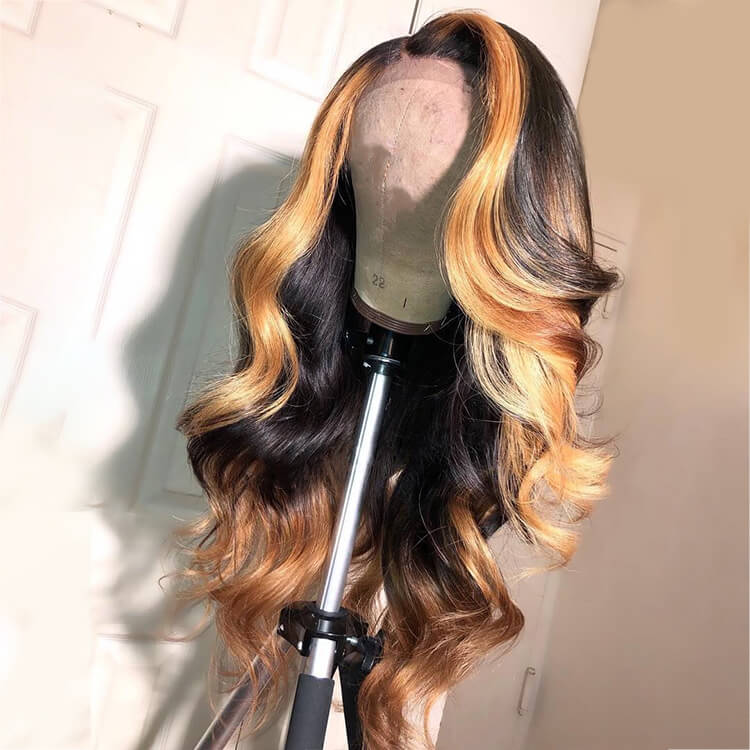 New Arrival Highlight Honey Blonde 13 6 Ombre Color Body Wave Lace Frontal Wig 150 Density Natural Black Virgin Hair
